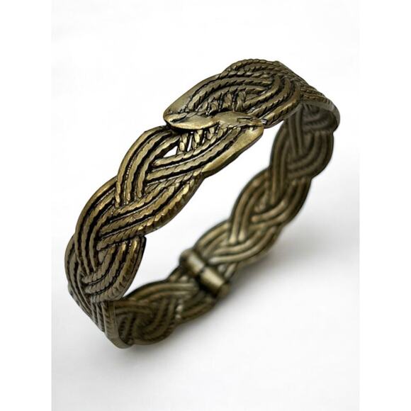Antiqued Goldtone Hinged Bangle Bracelet Braid Design 2.25" Inside Diameter - Picture 1 of 6